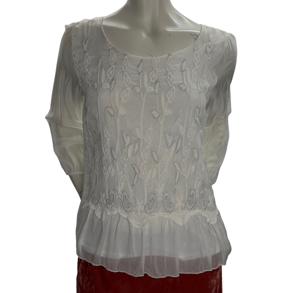 Vintage Silk Blouse Handmade Embroidered |  Sheer  Fairycore Quiet Luxury‎ S